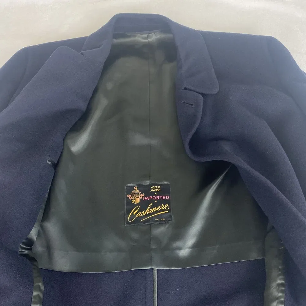 Vintage 100% Cashmere Overcoat Mens Extra Large Navy Long Winter Coat